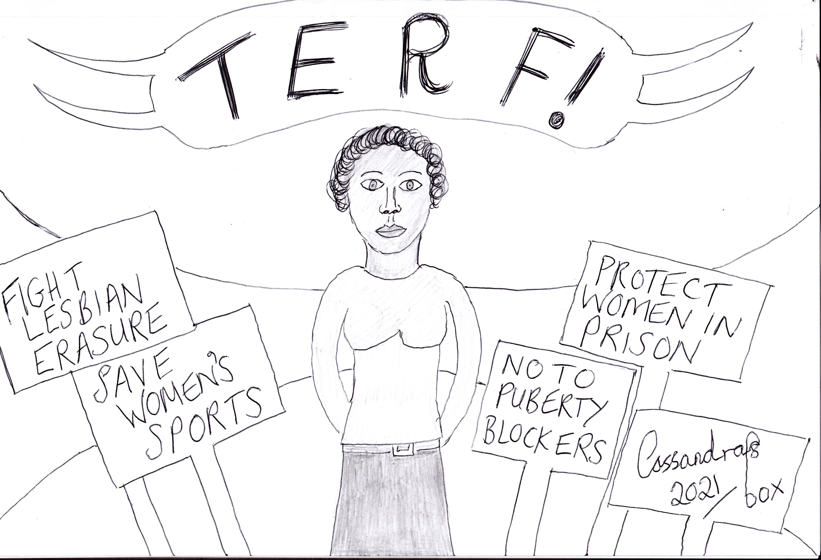 Cartoon: woman standing in foreground. Signs read Fight lesbian erasure, Save women's sports, no to puberty blockers, protect women in prison. Text above her head reads TERF!